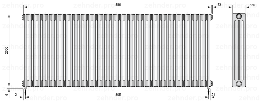 Схема (чертеж) Радиатор Zehnder Charleston 4250/41 №3570 Белый глянцевый RAL 9016
